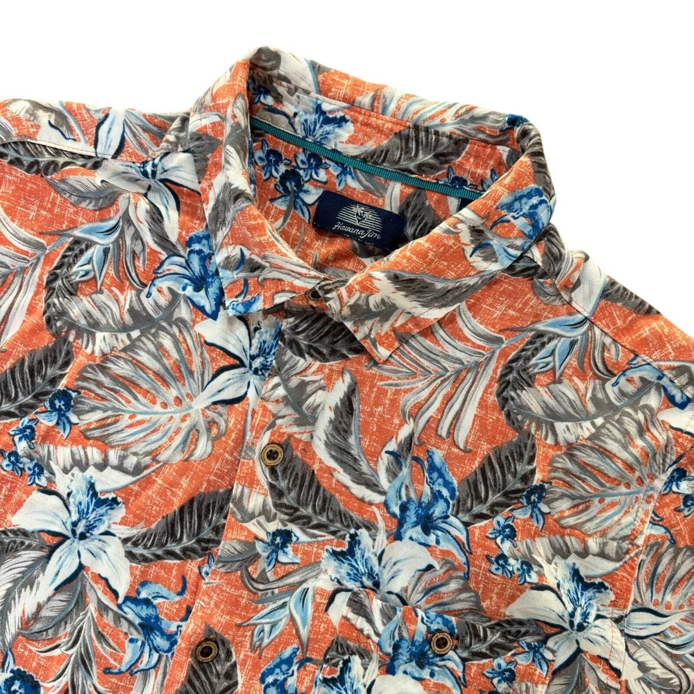 HAVANA JIM Button Front Shirt Mens Large Orange Blue Floral‎ Tropical Rayon